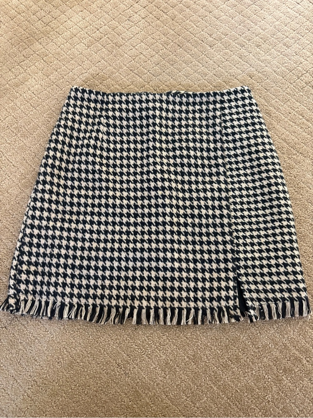 Christian Soriano Black and Tan Houndstooth Fringe Mini Skirt